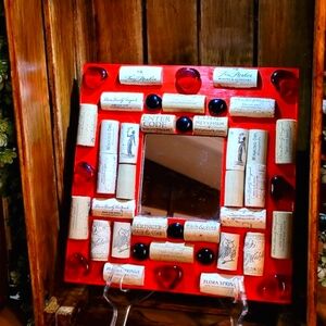 Red Heart and Red Glass Cabochons Mirror Decor with Wine Cork-NWT-Handmade